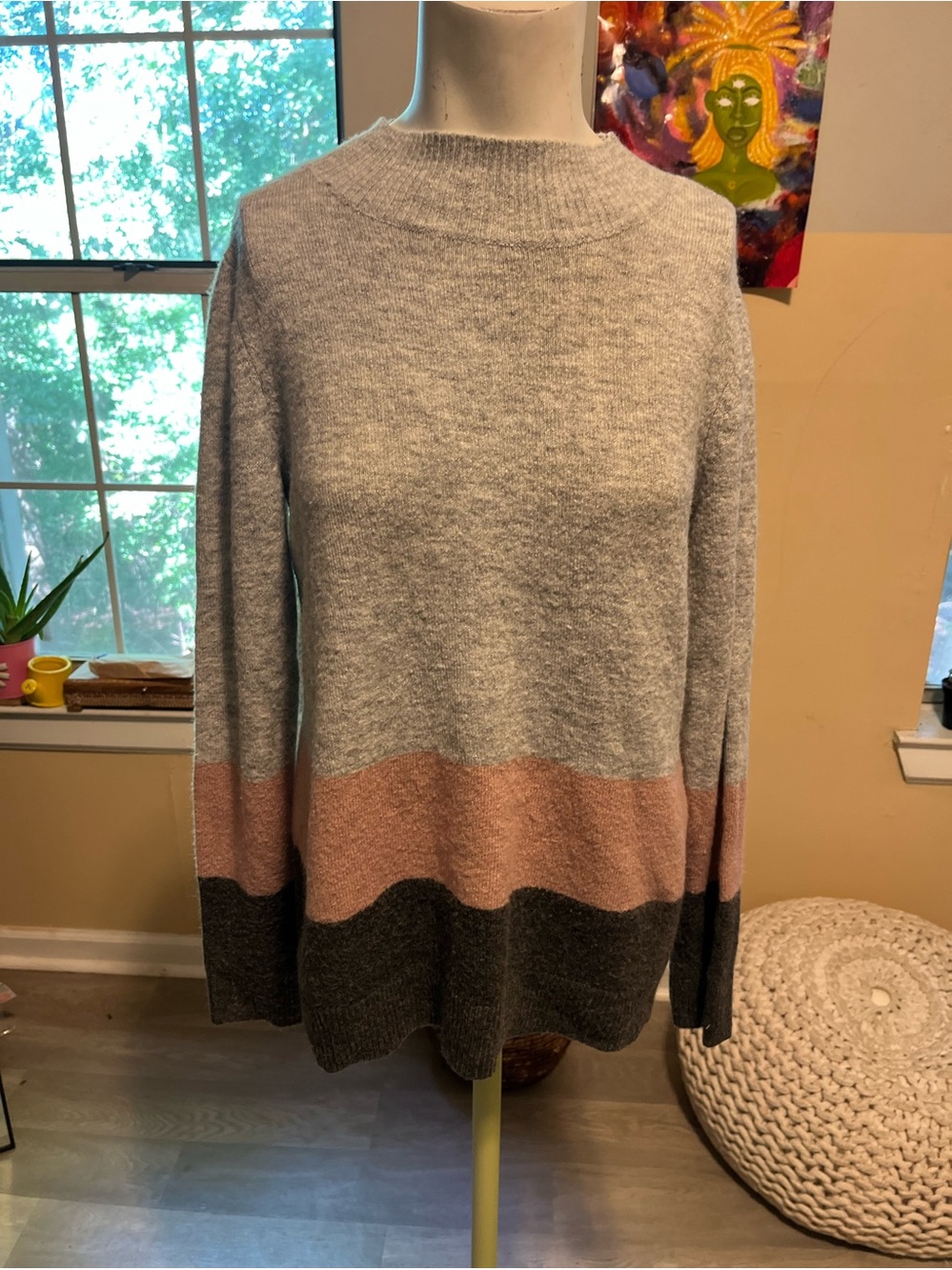 Liz Claiborne Woman Colorblock Crewneck Sweater - Gray, Pink & Dark Gray